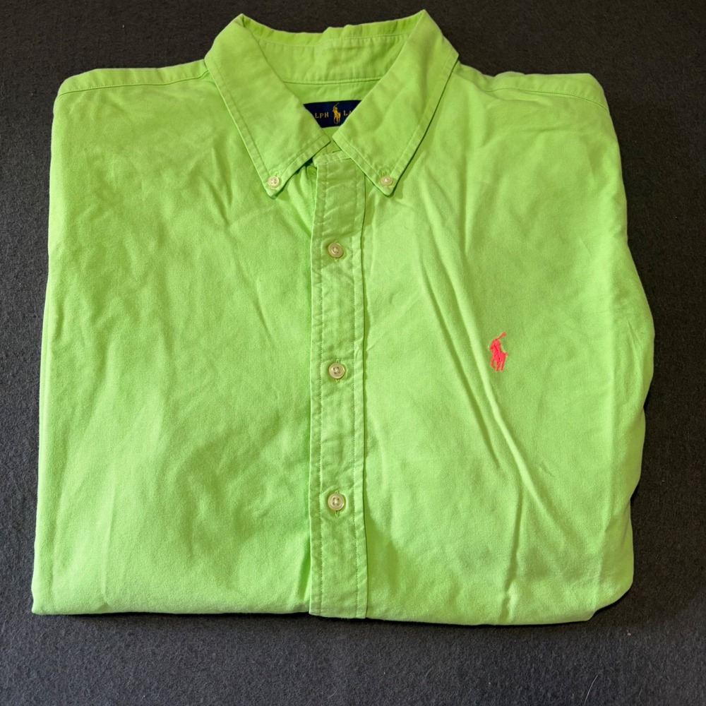 Ralph Lauren Button Down Shirt Mens XL Lime Green Cotton Logo Work Preppy Bold